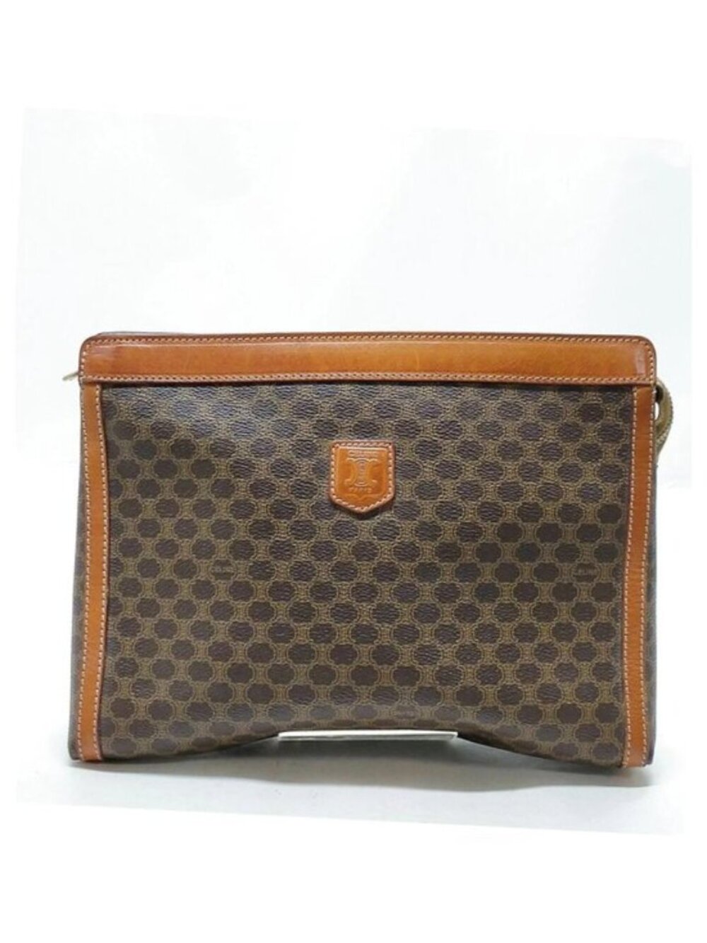 Authentic Celine Macadam Canvas Clutch Brown Leather Trim Vintage Designer Pouch - Picture 2 of 16